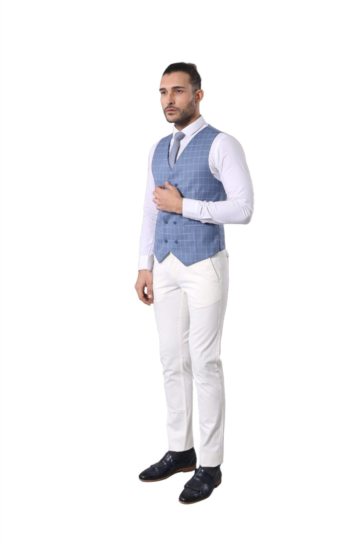WSS Single Button Pointed Collar Plaid Suit Vest Light Blue Suit- - Sciacca