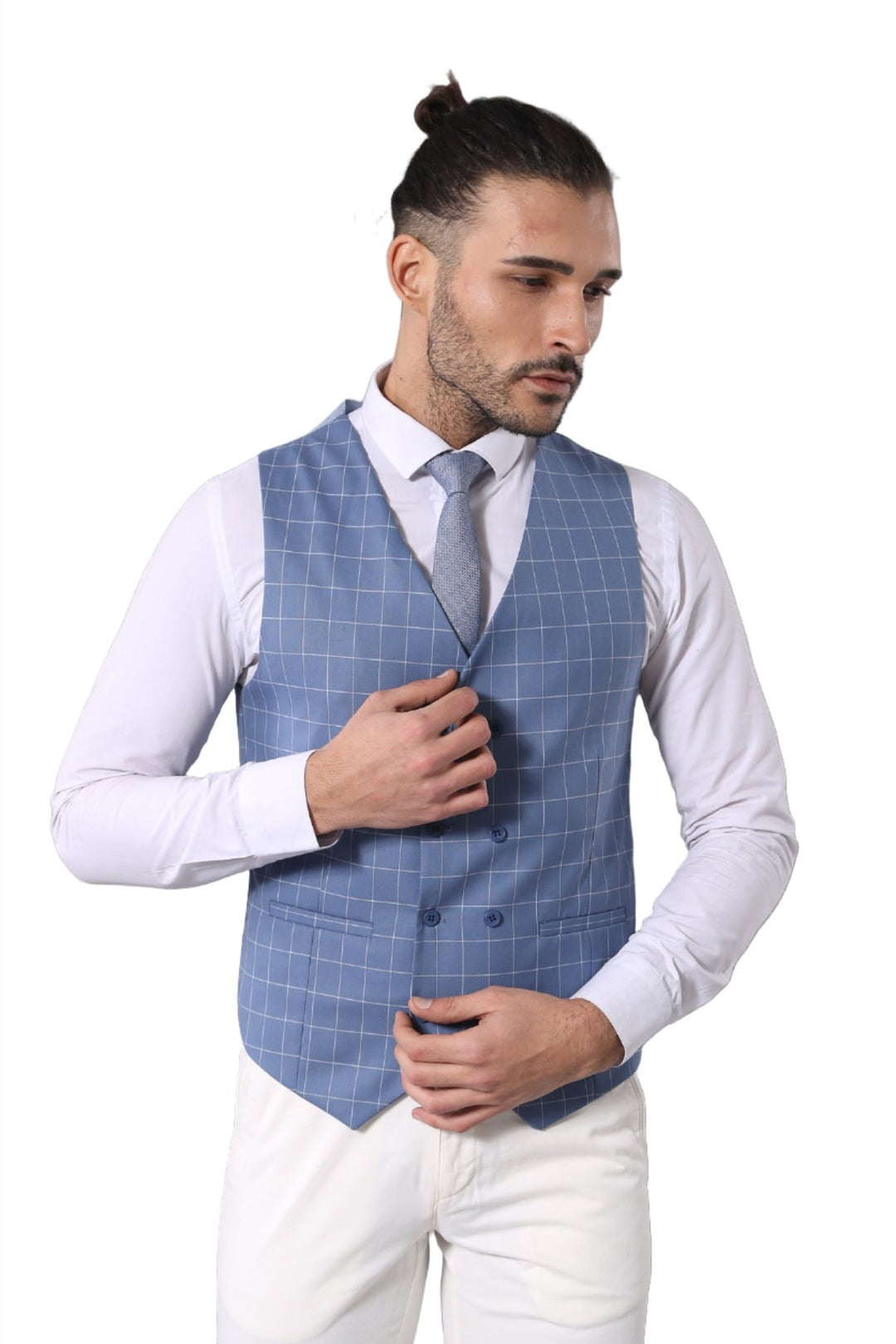 WSS Single Button Pointed Collar Plaid Suit Vest Light Blue Suit- - Sciacca