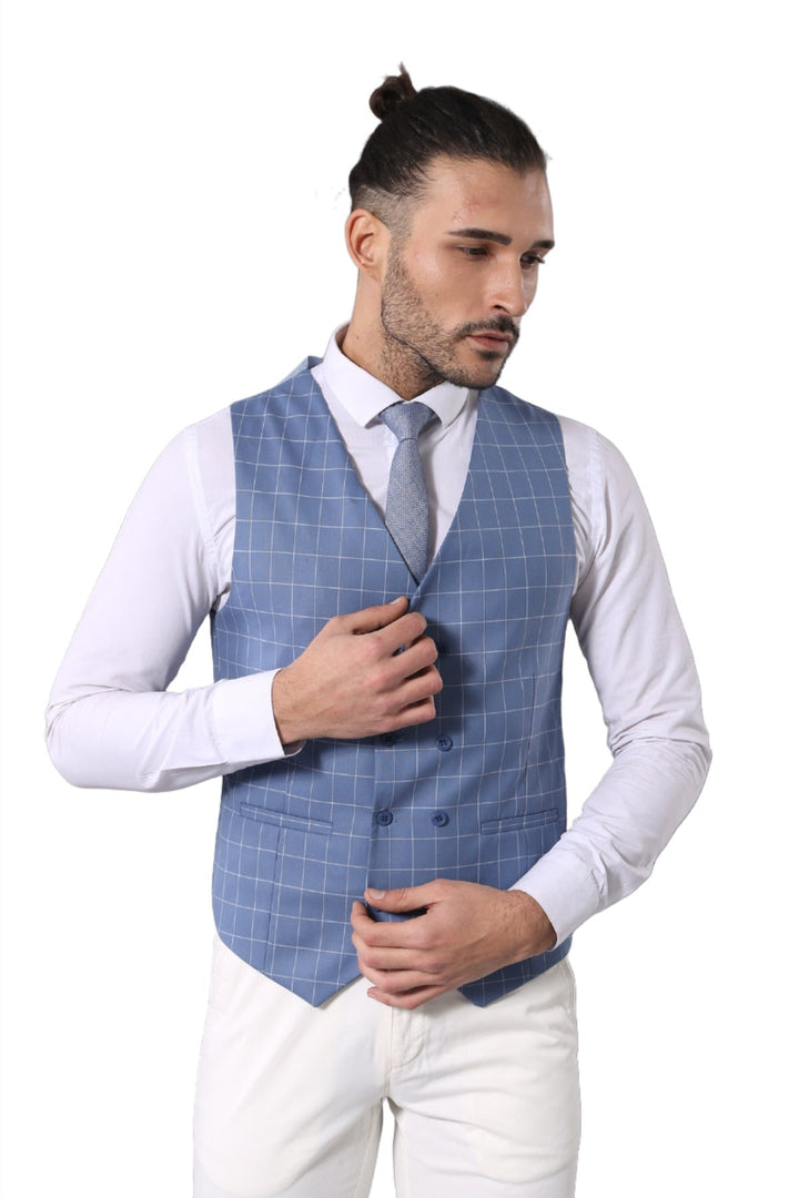 WSS Single Button Pointed Collar Plaid Suit Vest Light Blue Suit- - Sciacca