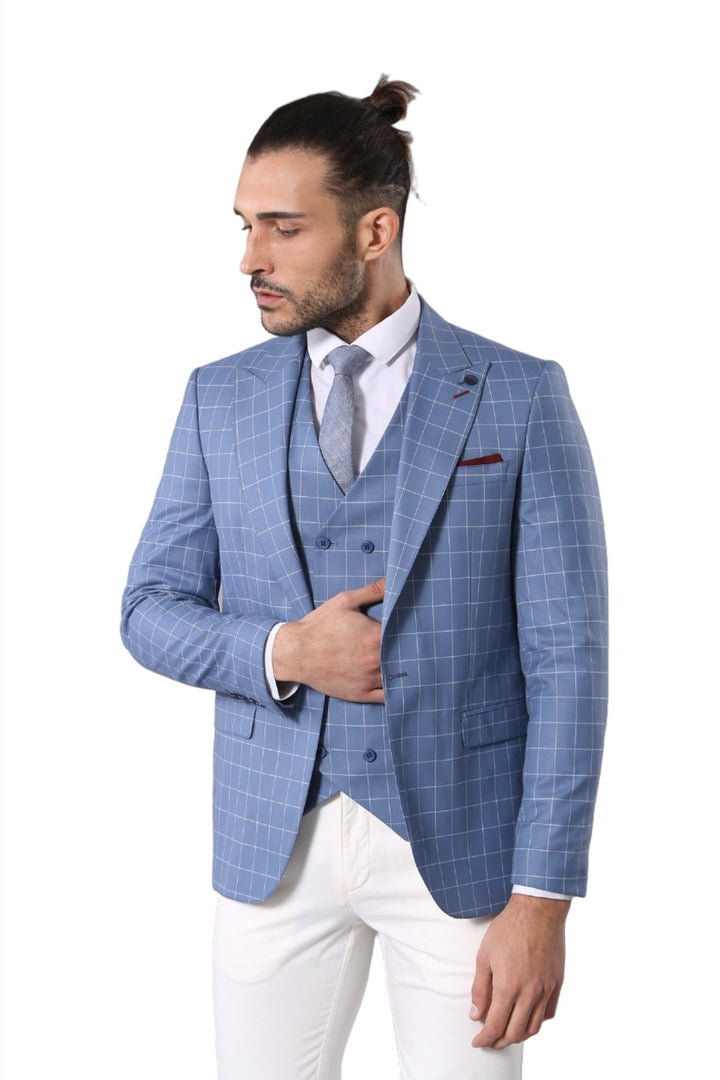 WSS Single Button Pointed Collar Plaid Suit Vest Light Blue Suit- - Sciacca