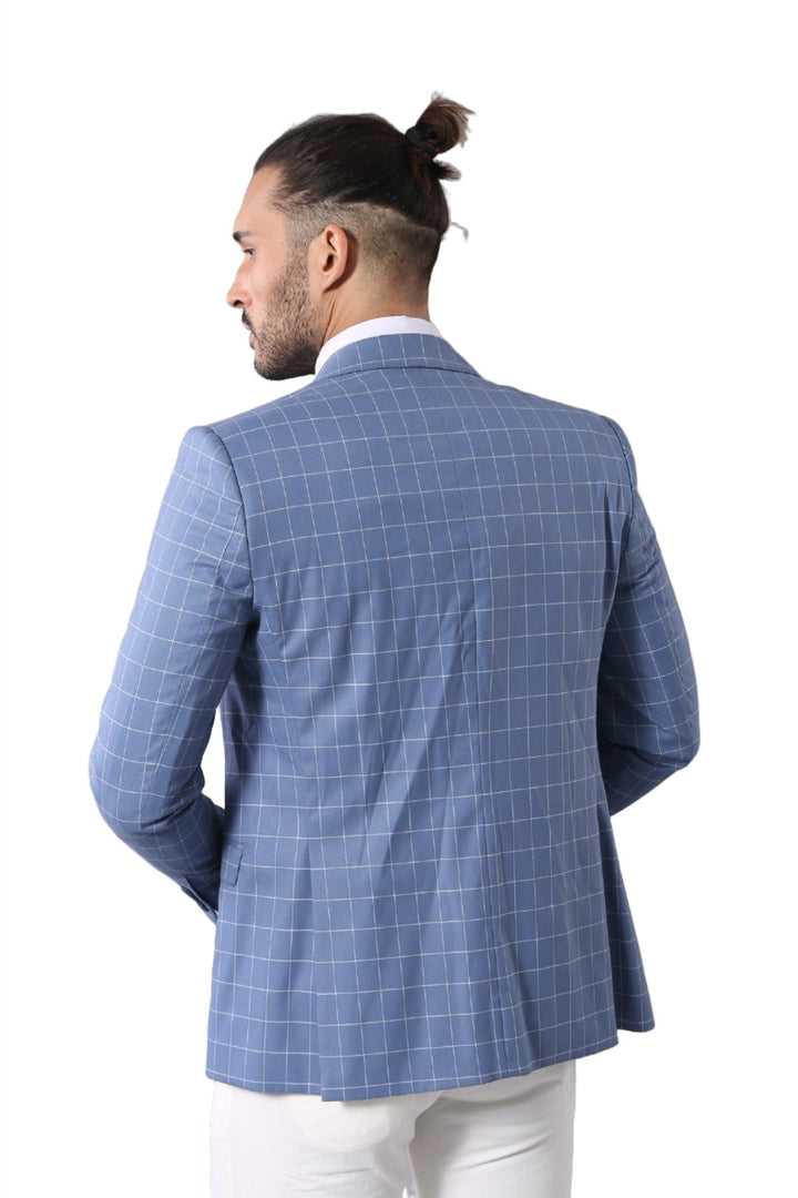 WSS Single Button Pointed Collar Plaid Suit Vest Light Blue Suit- - Sciacca