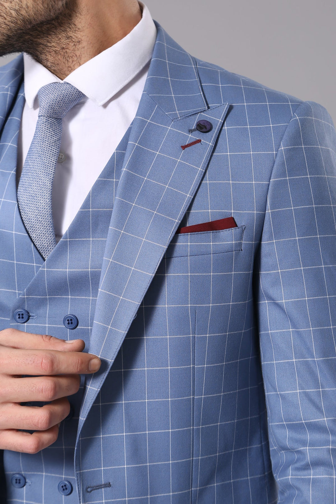 WSS Single Button Pointed Collar Plaid Suit Vest Light Blue Suit- - Sciacca
