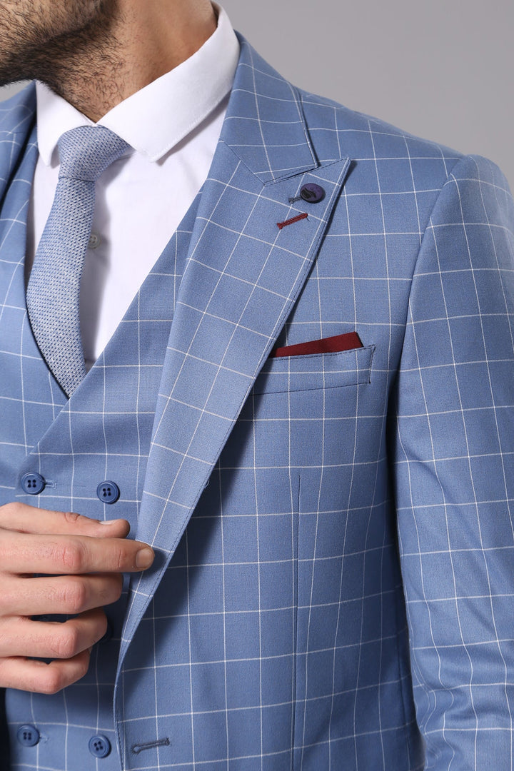 WSS Single Button Pointed Collar Plaid Suit Vest Light Blue Suit- - Sciacca