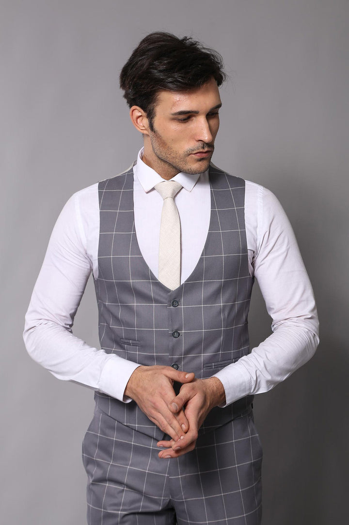 WSS 2 Button Mono Collar Plaid Suit Vest Grey Suit- - Sinsheim