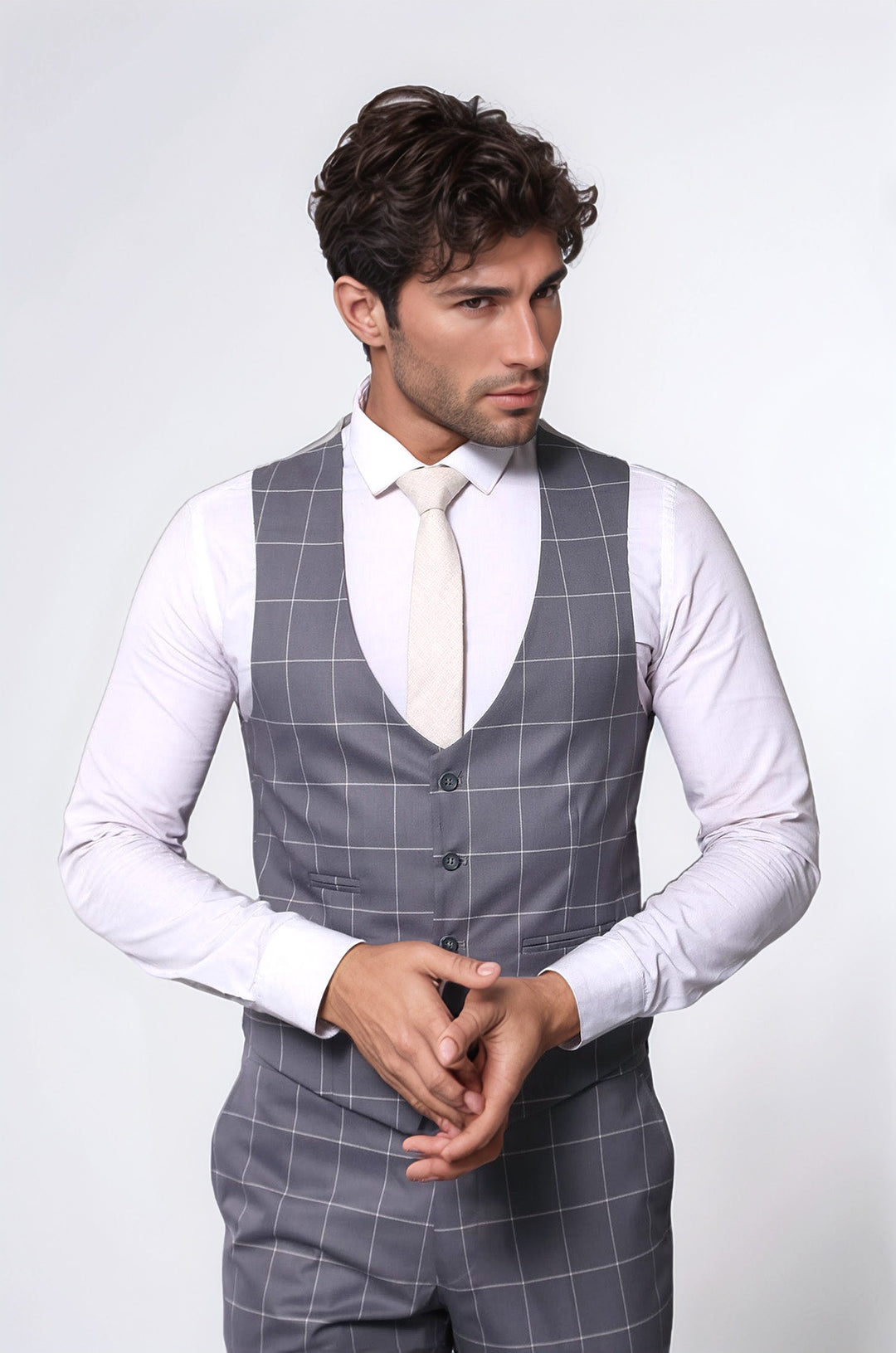 WSS 2 Button Mono Collar Plaid Suit Vest Grey Suit- - Dendermonde