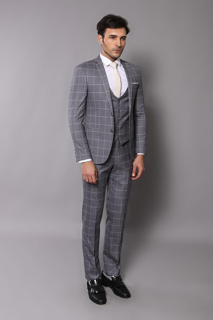 WSS 2 Button Mono Collar Plaid Suit Vest Grey Suit- - Sinsheim
