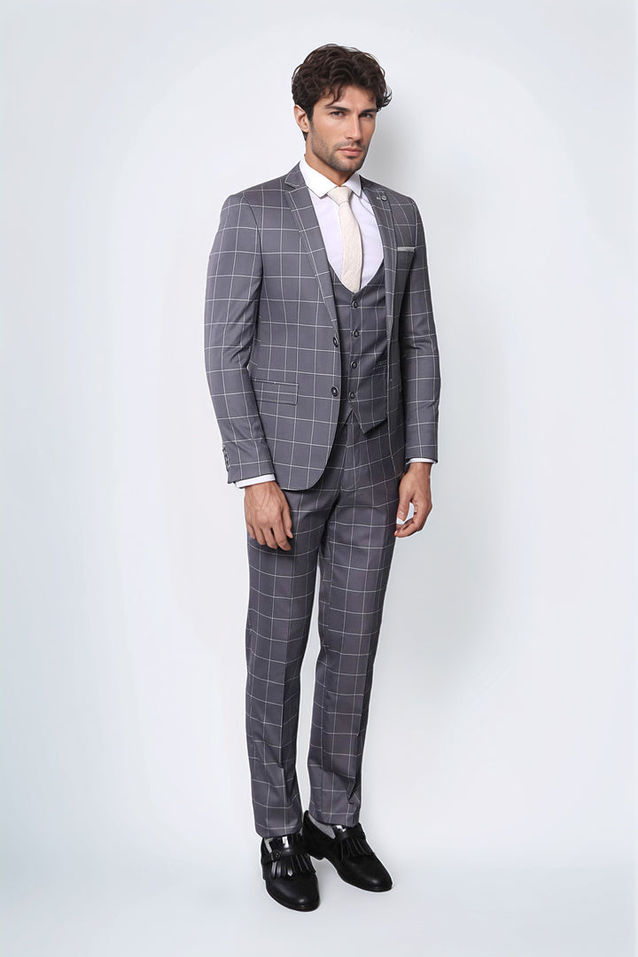 WSS 2 Button Mono Collar Plaid Suit Vest Grey Suit- - Dendermonde
