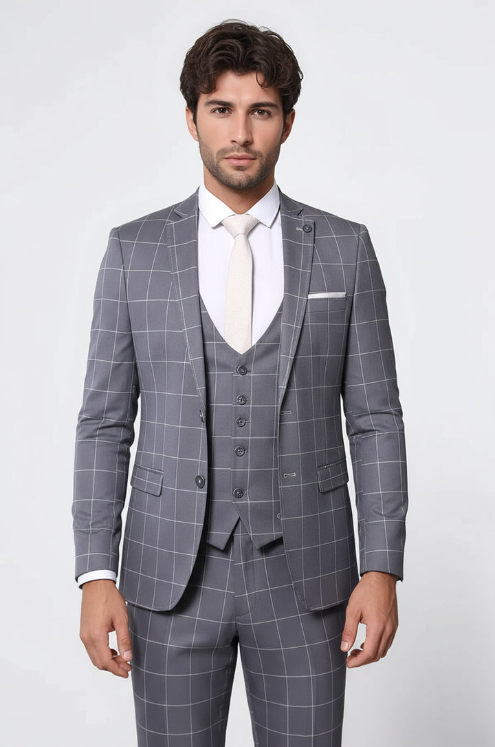 WSS 2 Button Mono Collar Plaid Suit Vest Grey Suit- - Dendermonde