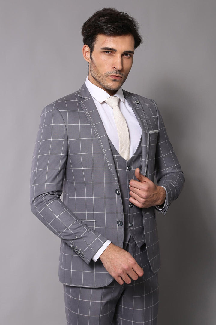 WSS 2 Button Mono Collar Plaid Suit Vest Grey Suit- - Sinsheim
