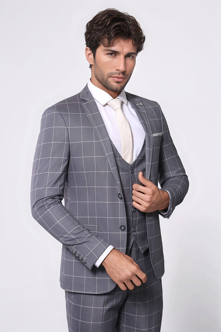 WSS 2 Button Mono Collar Plaid Suit Vest Grey Suit- - Dendermonde
