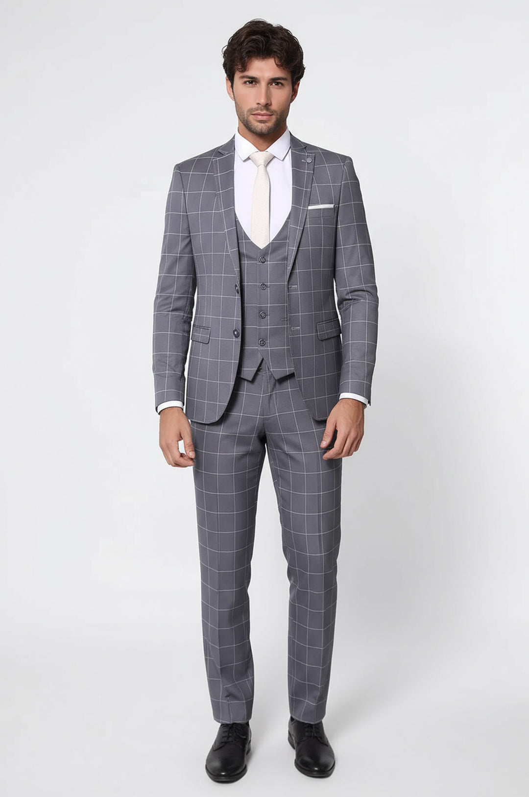 WSS 2 Button Mono Collar Plaid Suit Vest Grey Suit- - Dendermonde