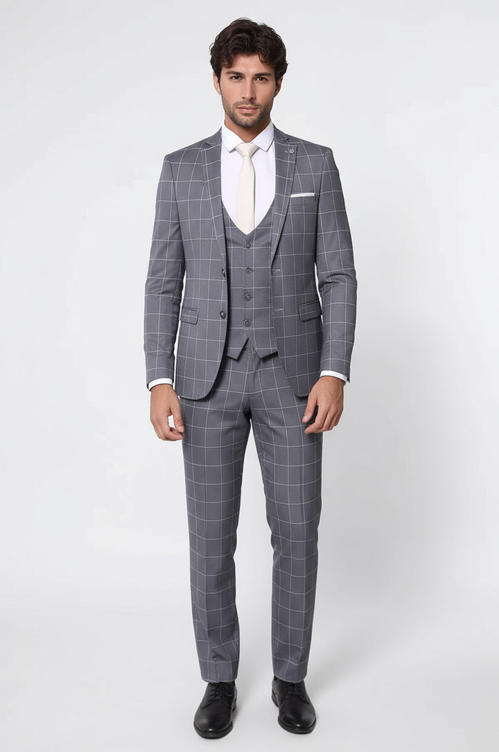 WSS 2 Button Mono Collar Plaid Suit Vest Grey Suit- - Dendermonde