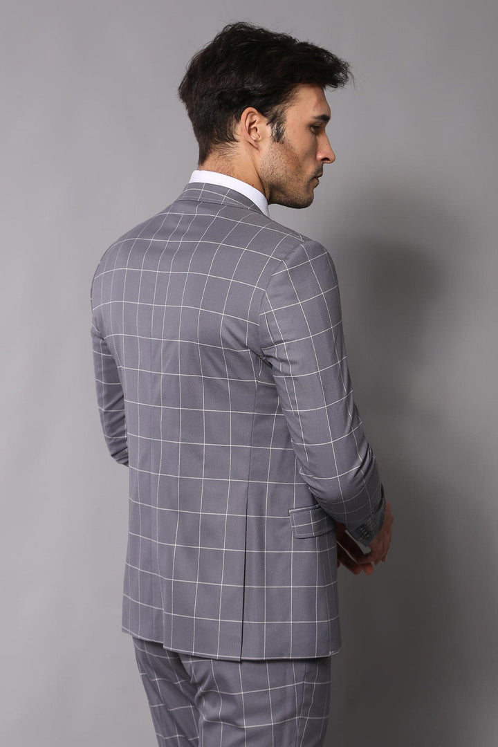 WSS 2 Button Mono Collar Plaid Suit Vest Grey Suit- - Sinsheim