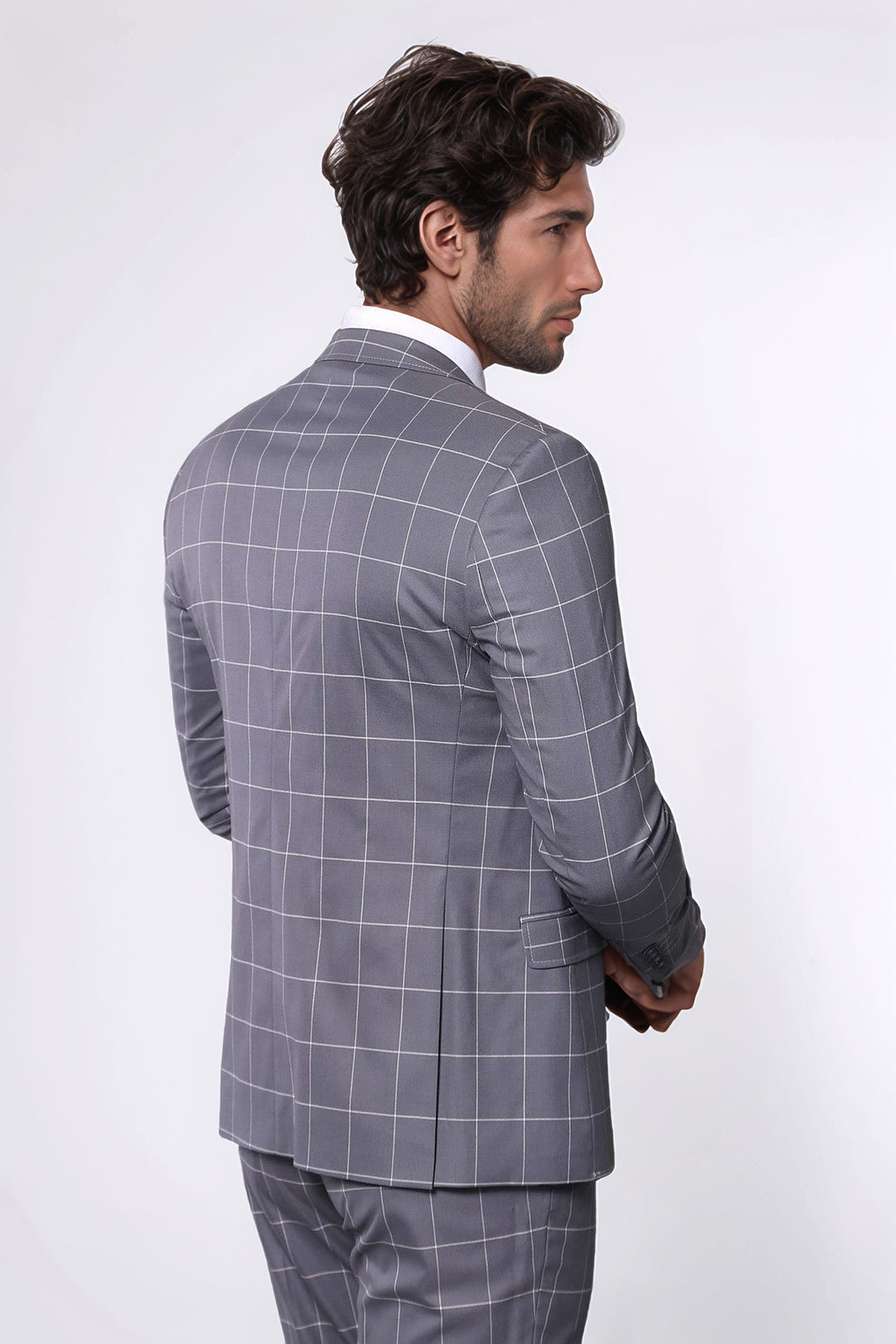 WSS 2 Button Mono Collar Plaid Suit Vest Grey Suit- - Dendermonde