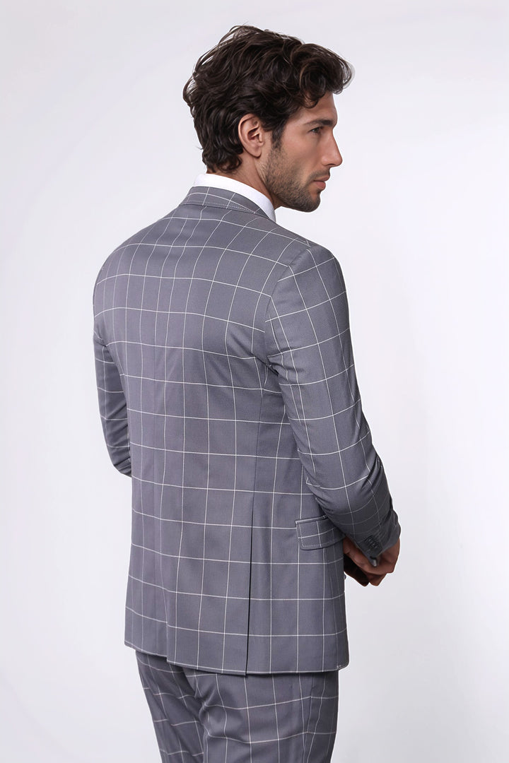 WSS 2 Button Mono Collar Plaid Suit Vest Grey Suit- - Dendermonde