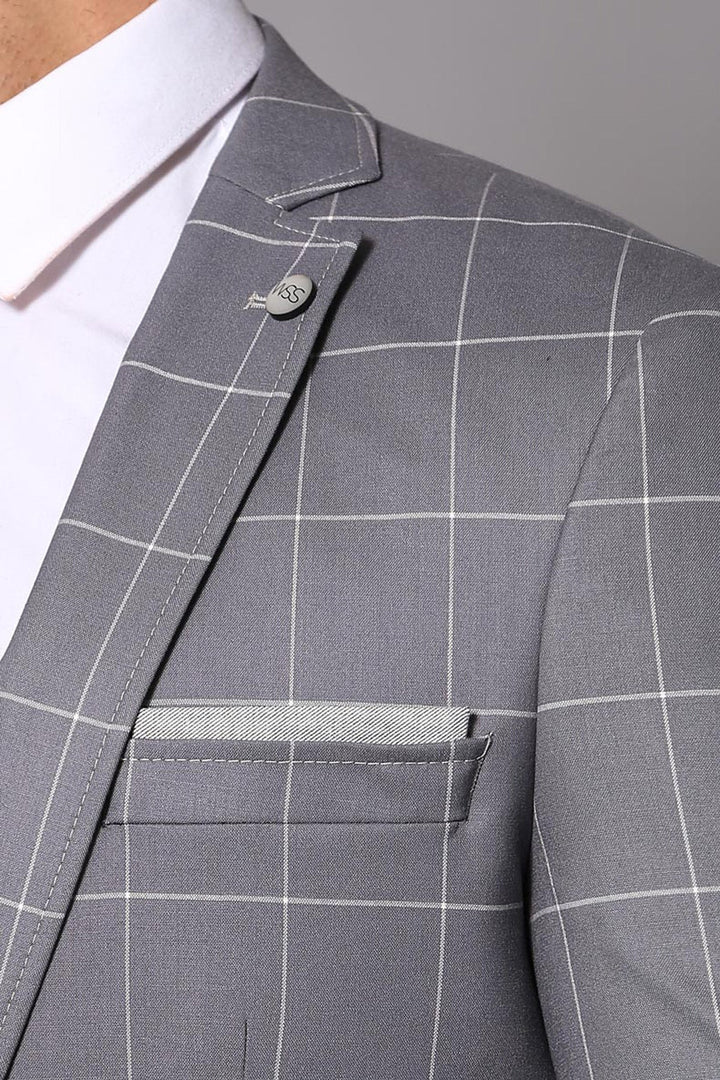 WSS 2 Button Mono Collar Plaid Suit Vest Grey Suit- - Sinsheim