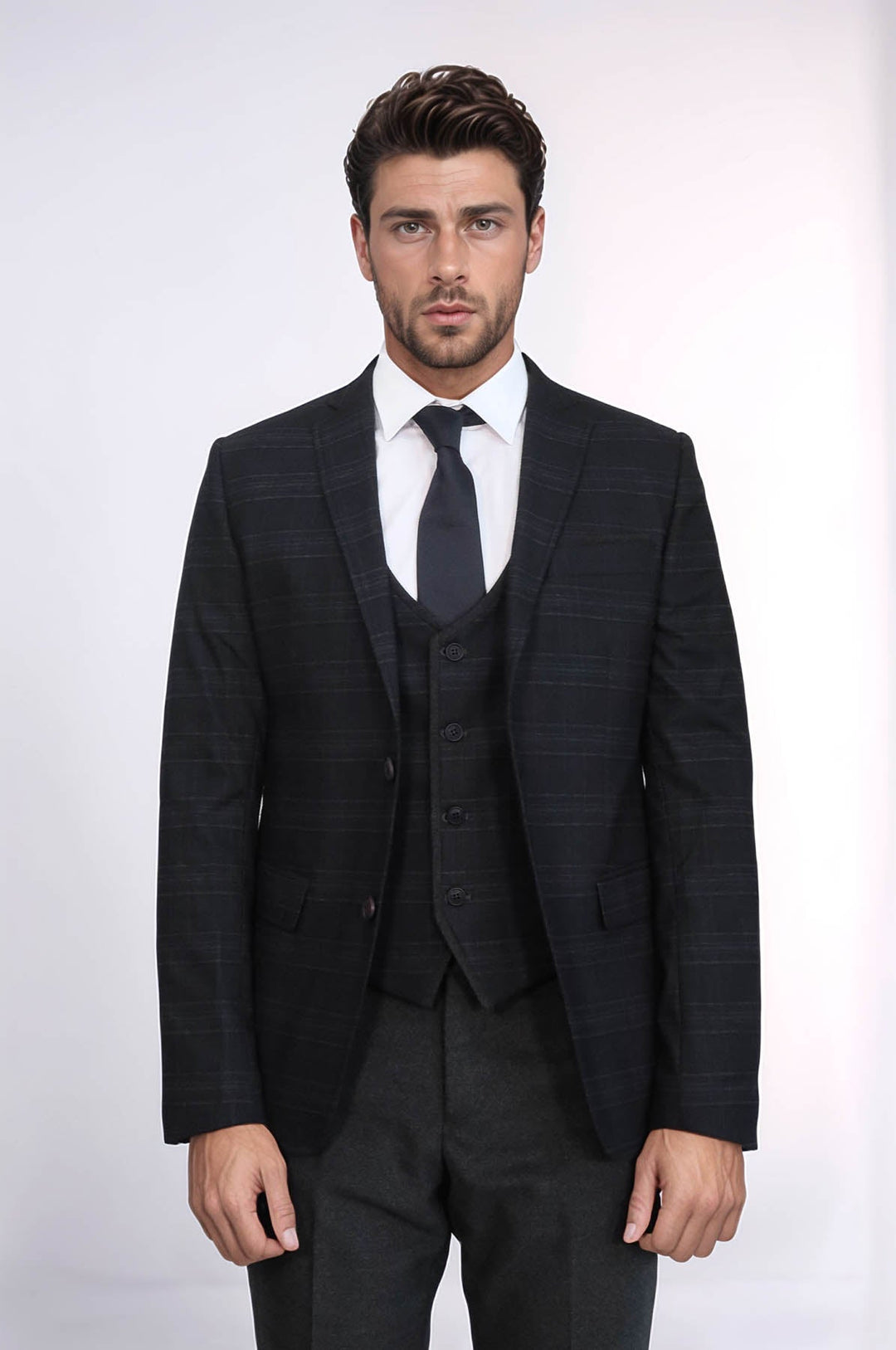 WSS Plaid 3 Piece Black Suit  - North Bergen