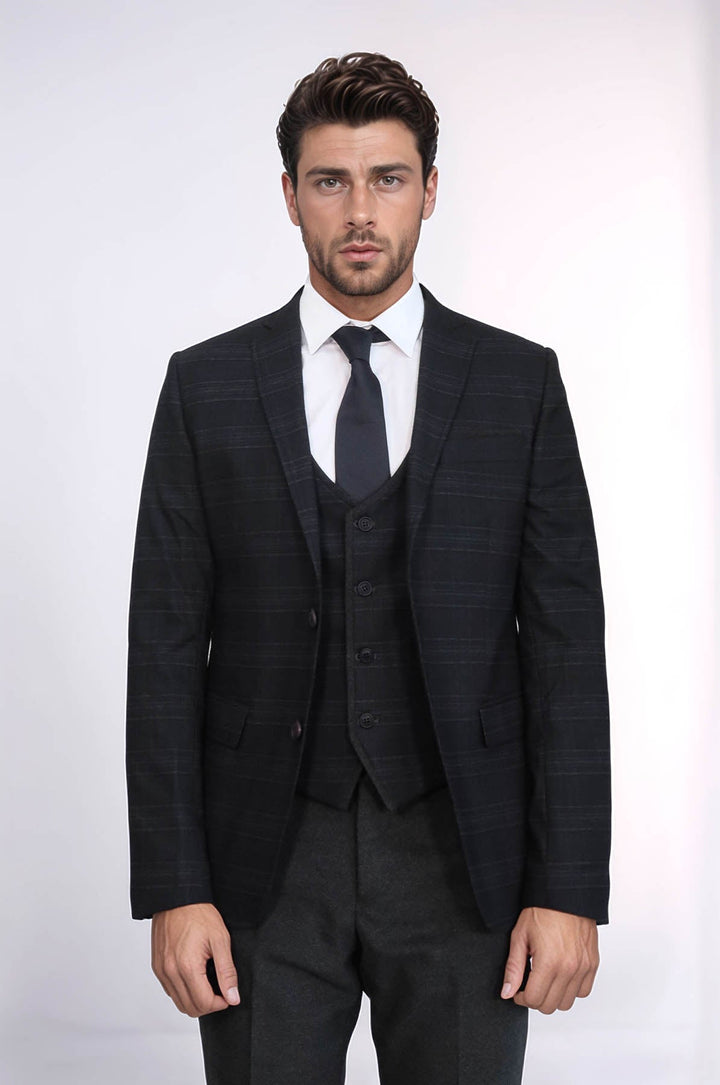WSS Plaid 3 Piece Black Suit  - North Bergen