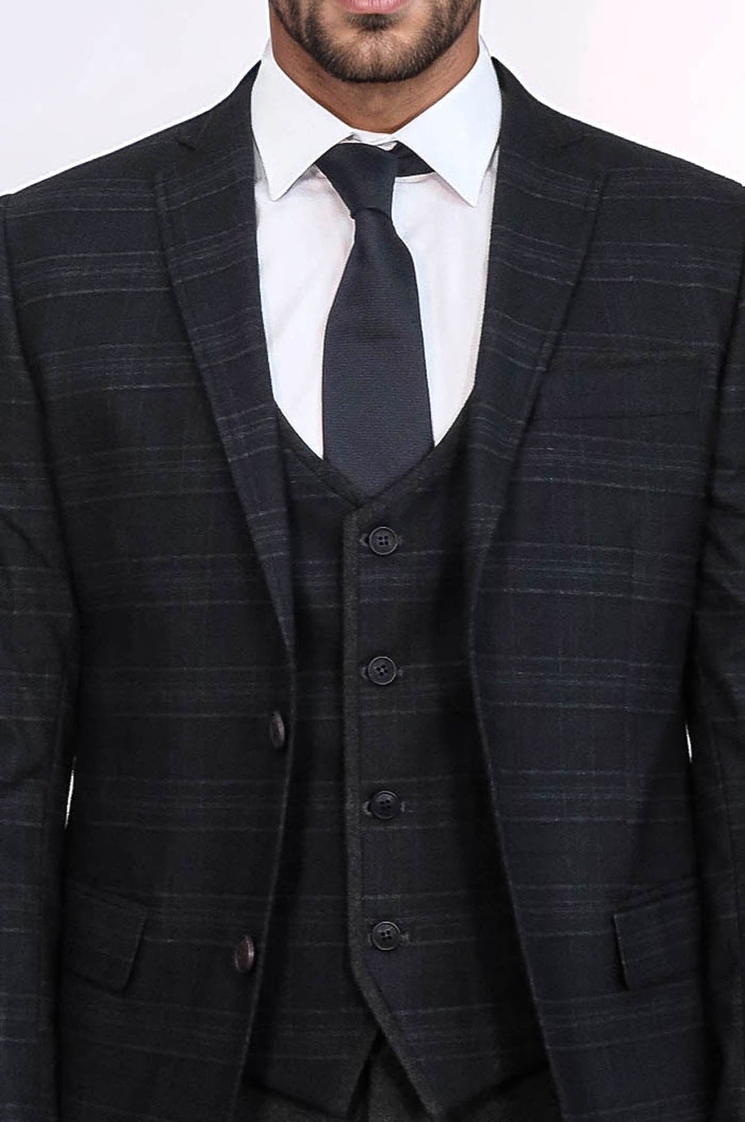 WSS Plaid 3 Piece Black Suit  - North Bergen