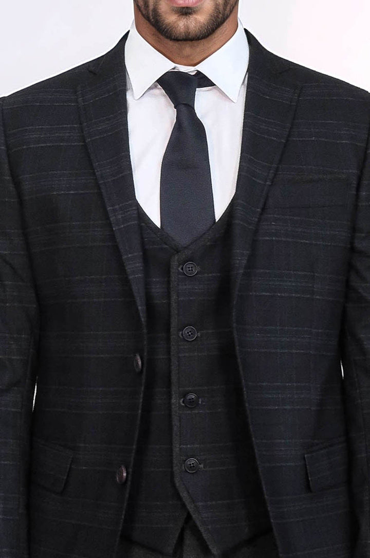 WSS Plaid 3 Piece Black Suit  - North Bergen