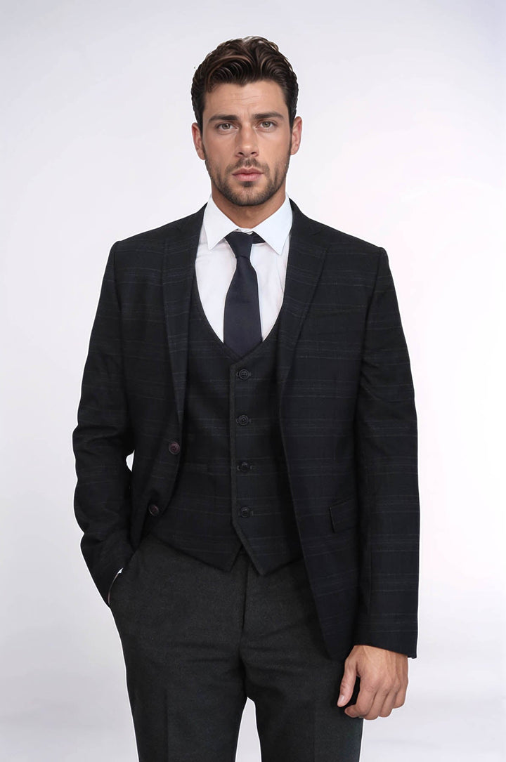 WSS Plaid 3 Piece Black Suit  - North Bergen