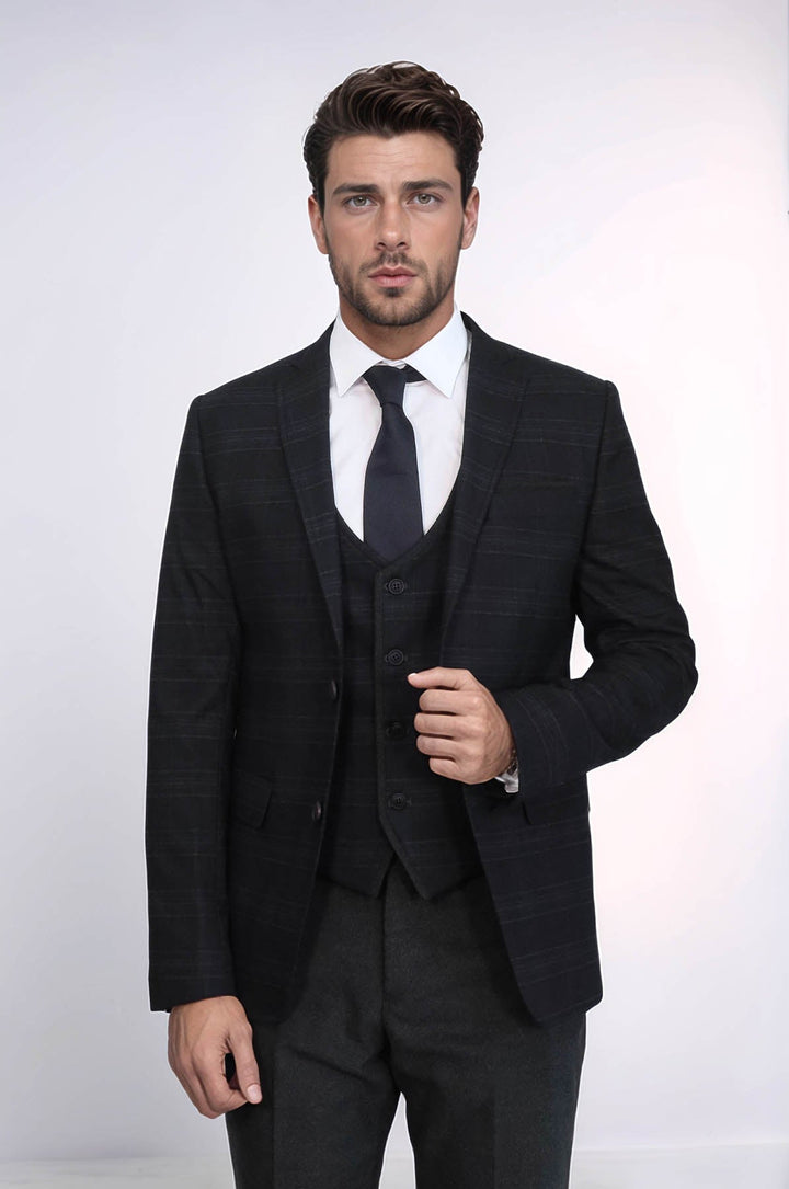 WSS Plaid 3 Piece Black Suit  - North Bergen