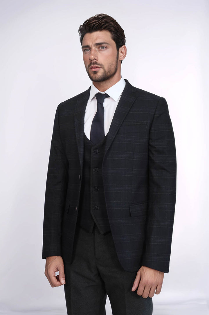 WSS Plaid 3 Piece Black Suit  - North Bergen
