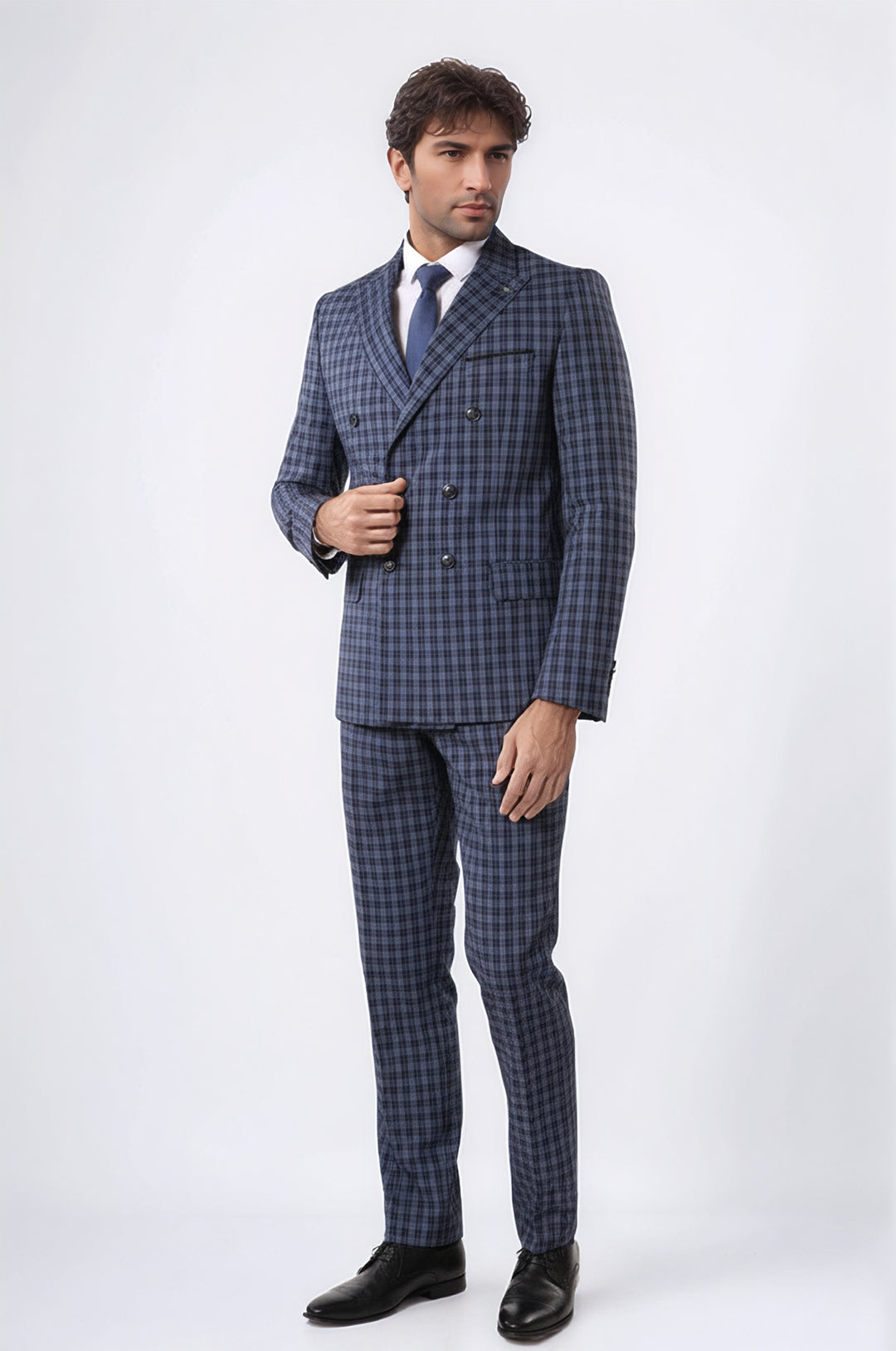 WSS Plaid Navy Blue Men's Double Breasted Suit  - Gladstone