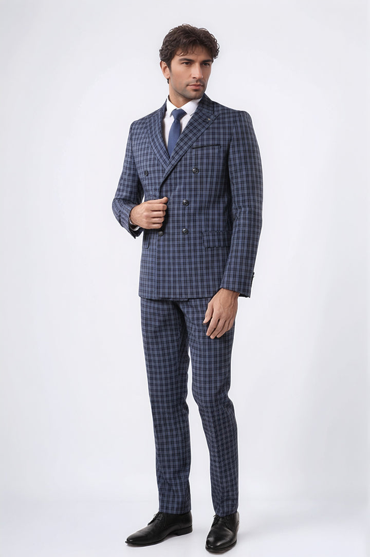 WSS Plaid Navy Blue Men's Double Breasted Suit  - Gladstone