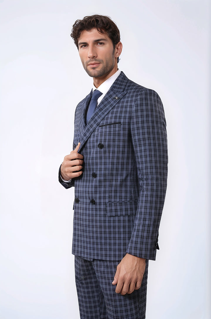 WSS Plaid Navy Blue Men's Double Breasted Suit  - Gladstone