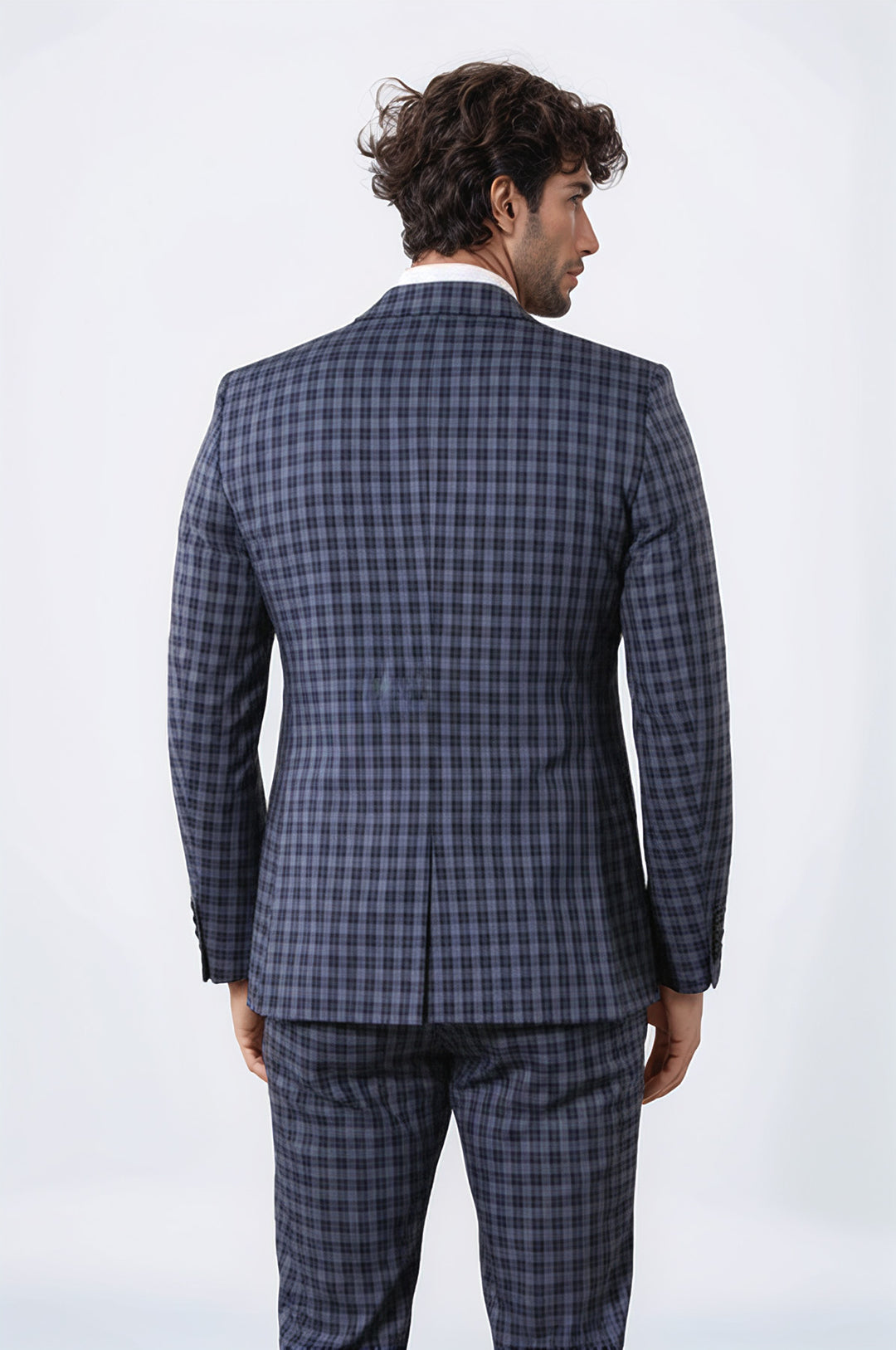 WSS Plaid Navy Blue Men's Double Breasted Suit  - Gladstone