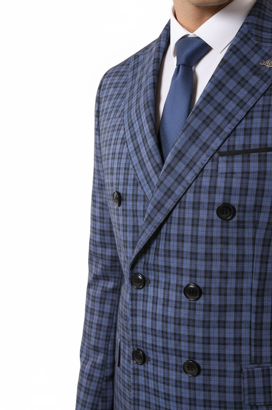 WSS Plaid Navy Blue Men's Double Breasted Suit  - Gladstone