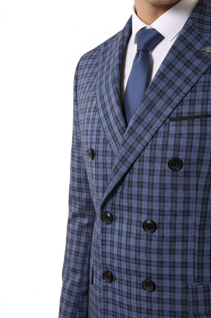 WSS Plaid Navy Blue Men's Double Breasted Suit  - Gladstone