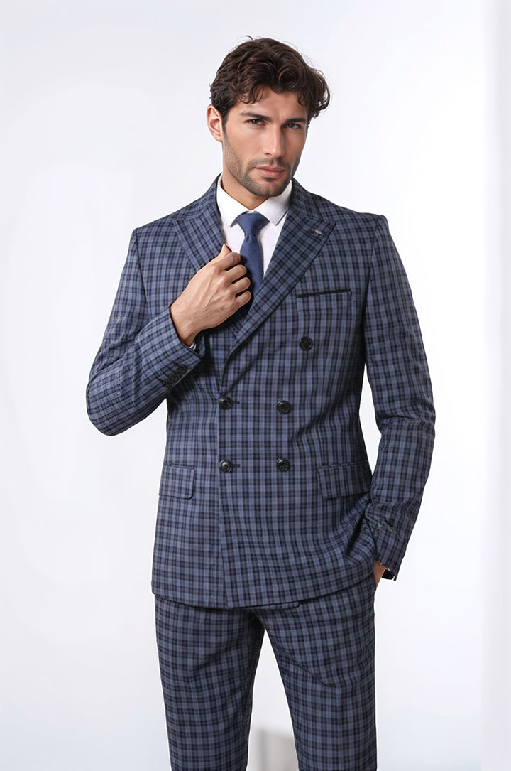 WSS Plaid Navy Blue Men's Double Breasted Suit  - Gladstone