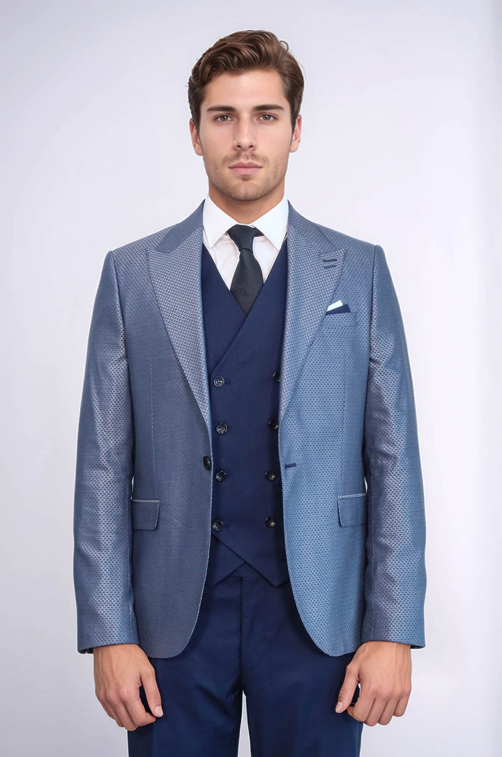 WSS Navy Blue Self-Patterned Vested Suit  - San Cristóbal