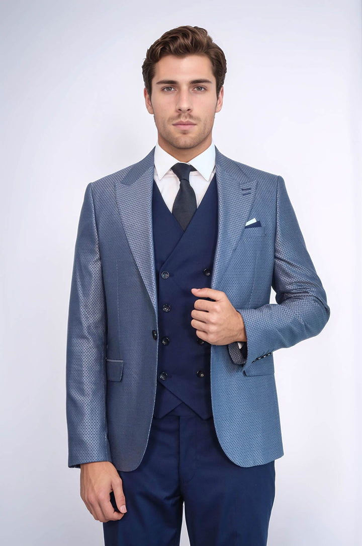 WSS Navy Blue Self-Patterned Vested Suit  - Moncalieri