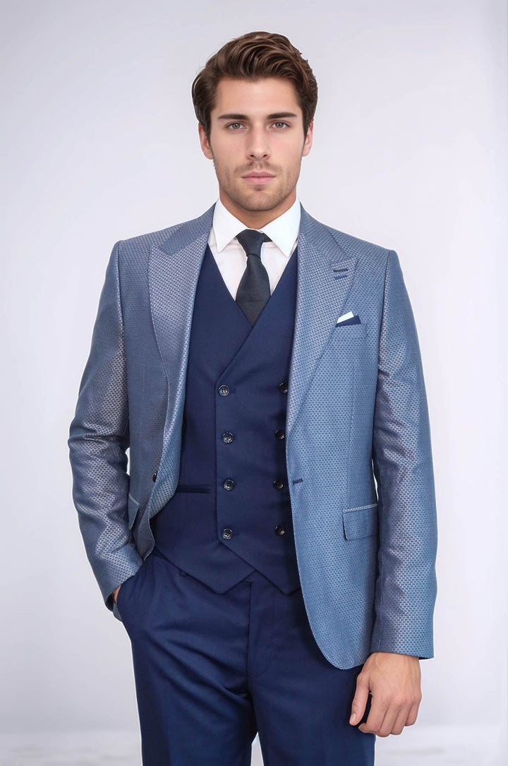WSS Navy Blue Self-Patterned Vested Suit  - Moncalieri