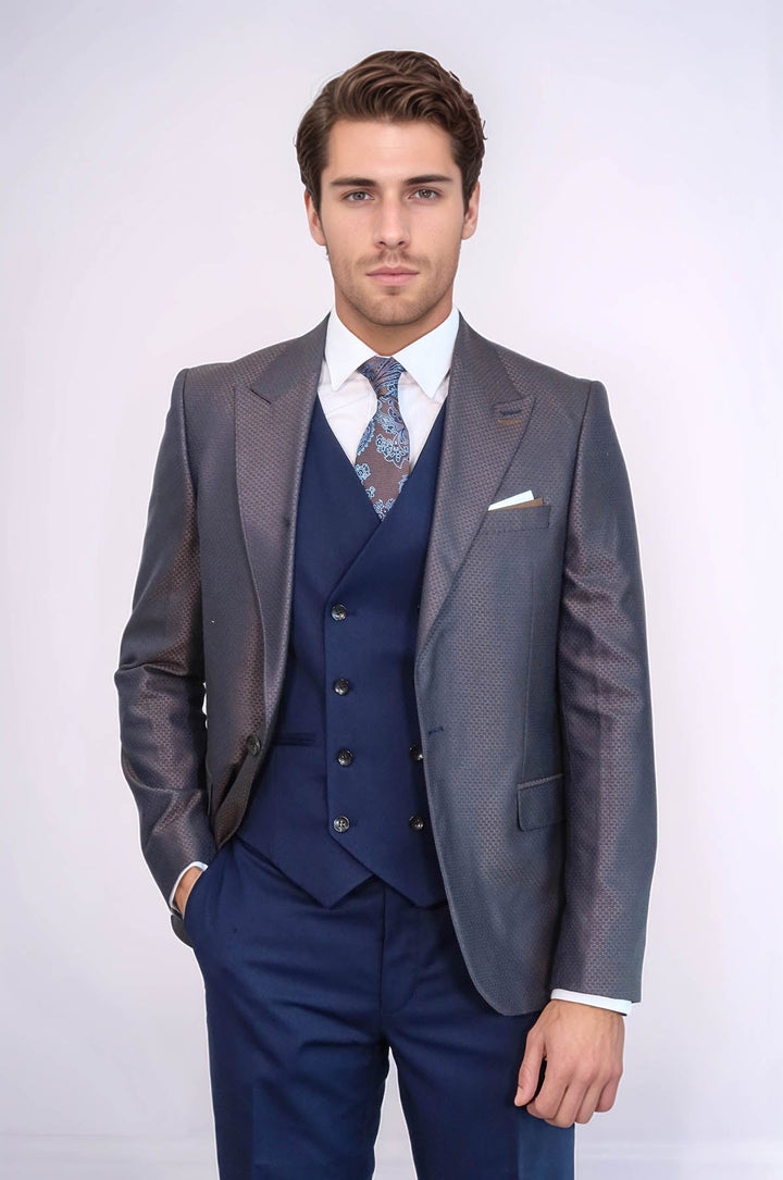 WSS Patterned Navy Blue Brown Men Suit  - Veghel