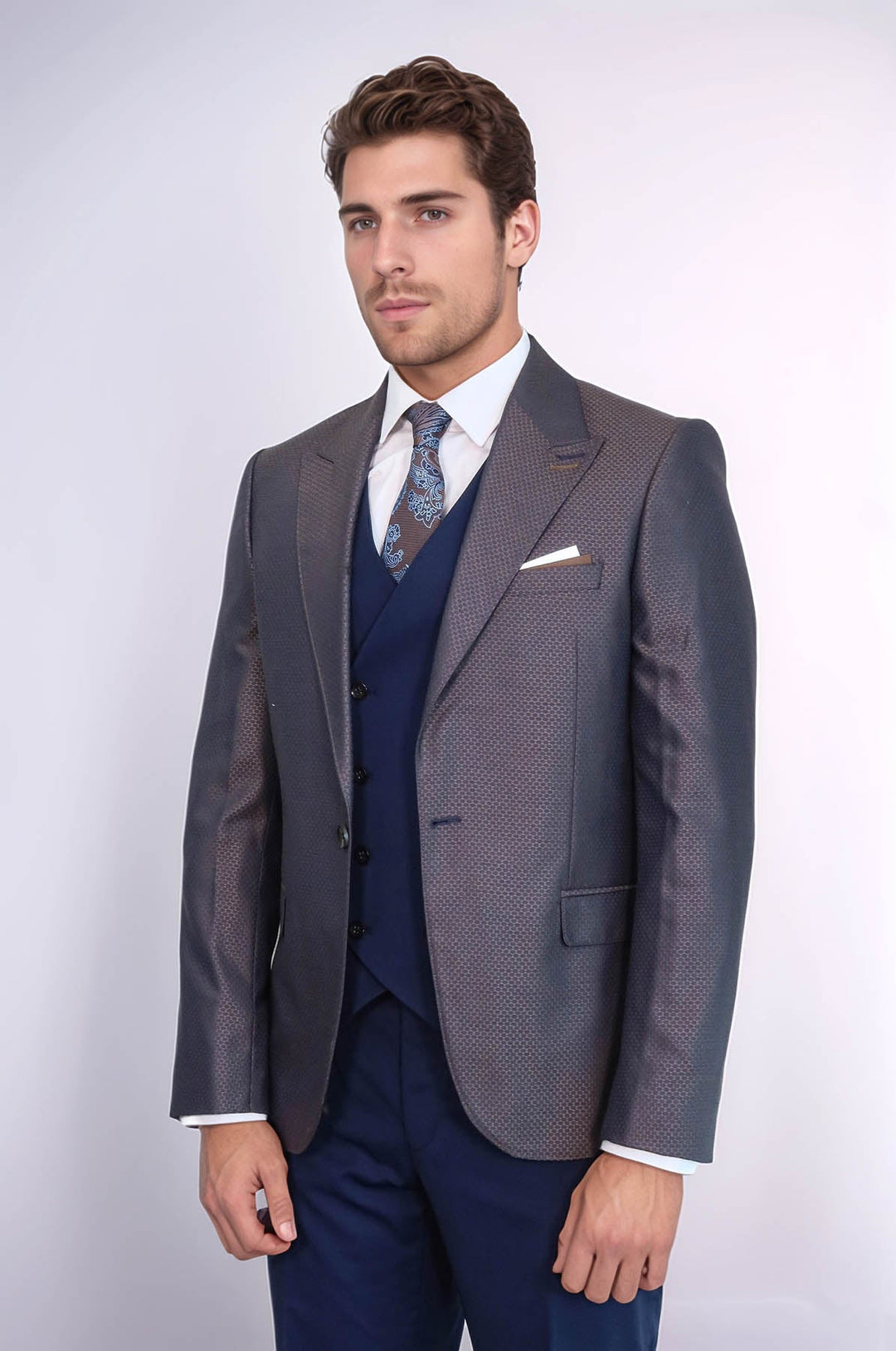 WSS Patterned Navy Blue Brown Men Suit  - Veghel