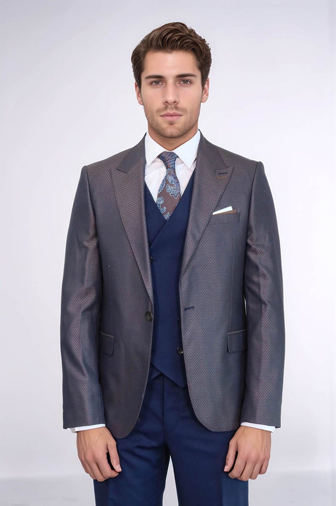WSS Patterned Navy Blue Brown Men Suit  - Veghel