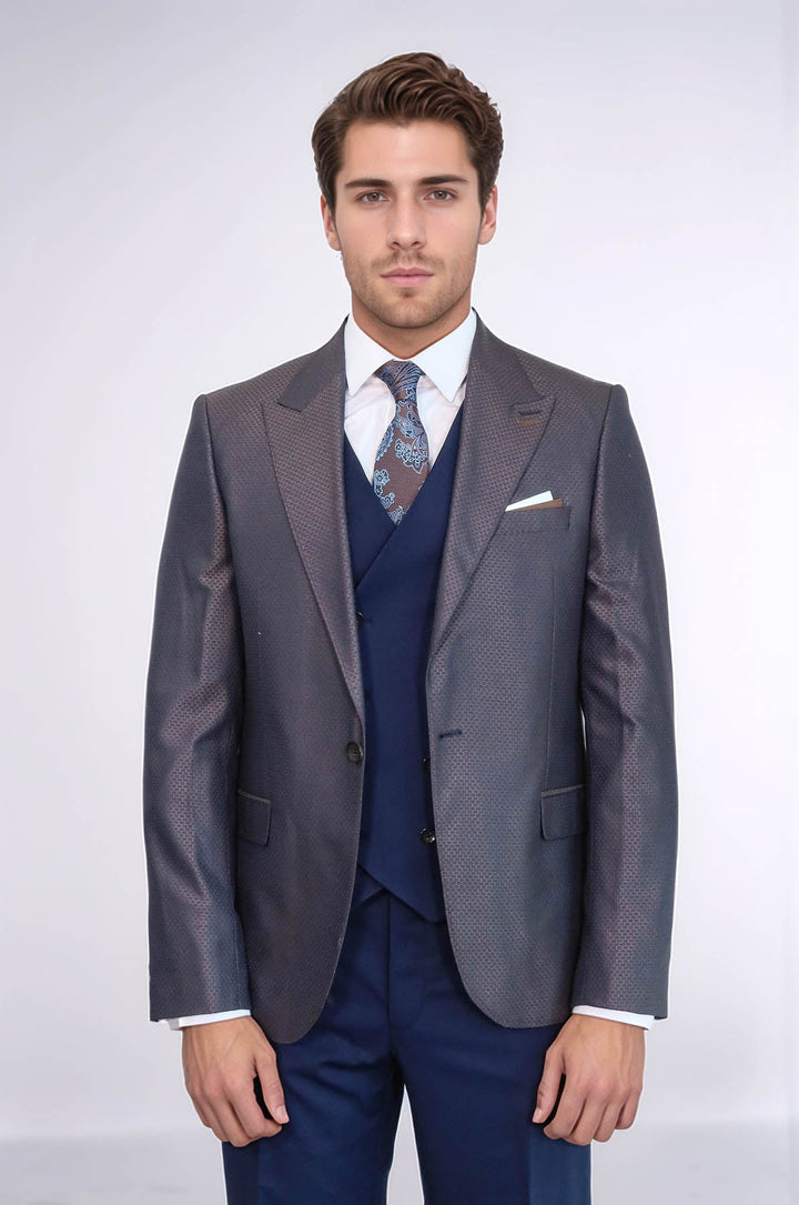 WSS Patterned Navy Blue Brown Men Suit  - Veghel