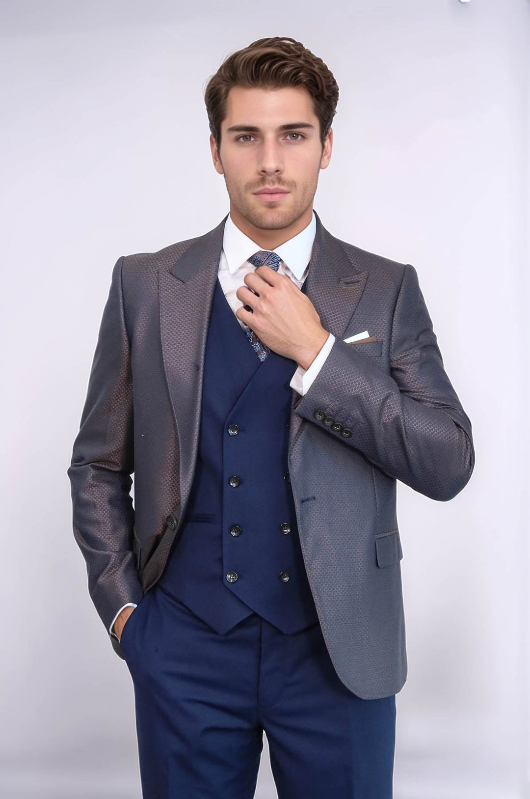 WSS Patterned Navy Blue Brown Men Suit  - Veghel