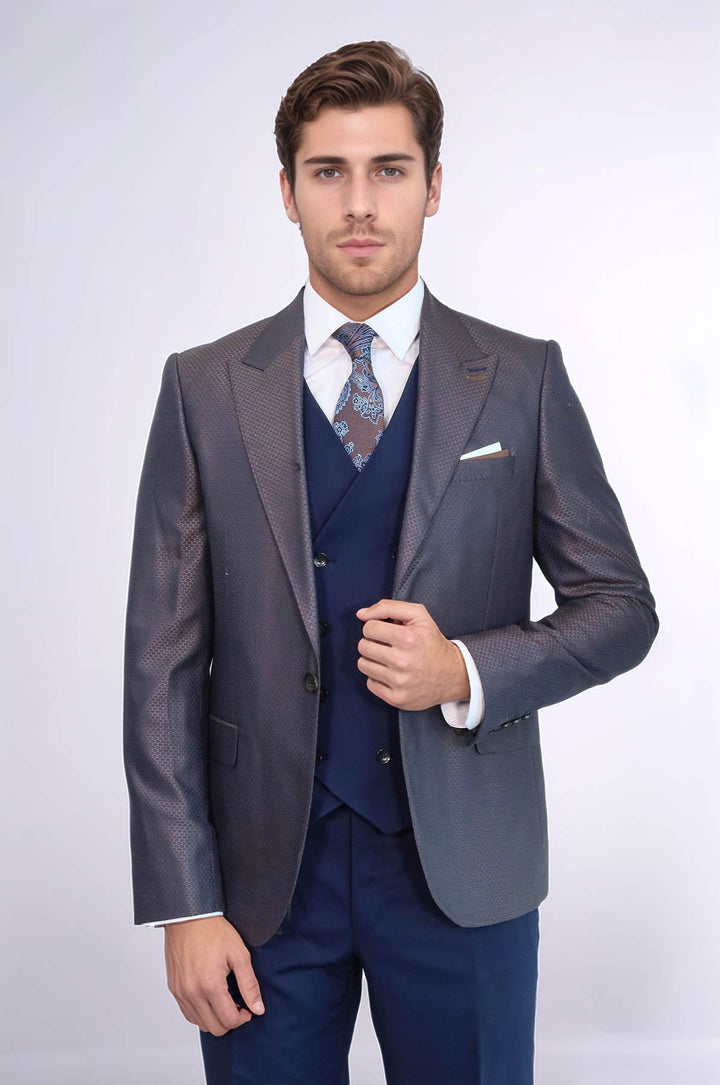 WSS Patterned Navy Blue Brown Men Suit  - Veghel