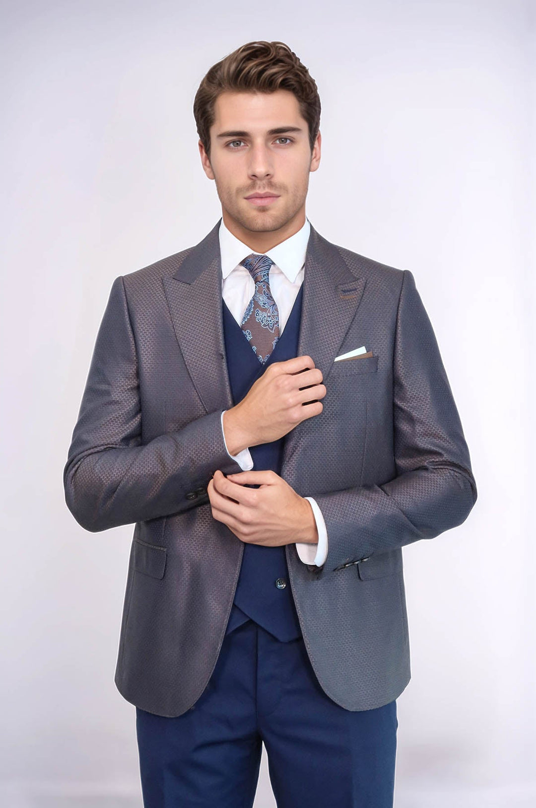 WSS Patterned Navy Blue Brown Men Suit  - Veghel