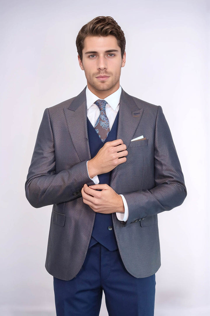 WSS Patterned Navy Blue Brown Men Suit  - Veghel