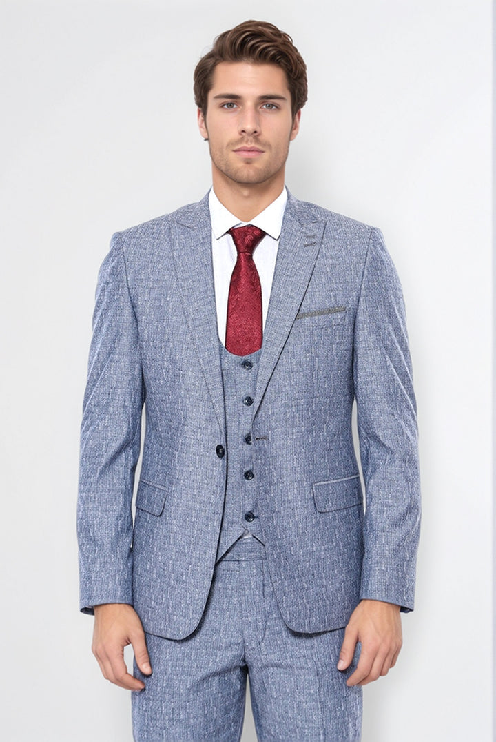 WSS Linen Touch Blue Men's 3 Piece Suit  - Veenendaal