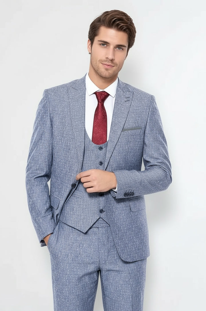 WSS Linen Touch Blue Men's 3 Piece Suit  - Veenendaal