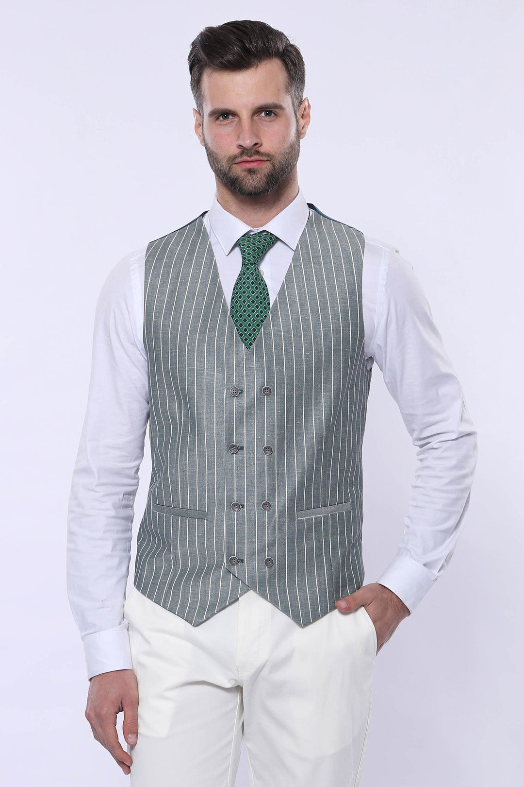 WSS Striped Green Men Suit  - Carini