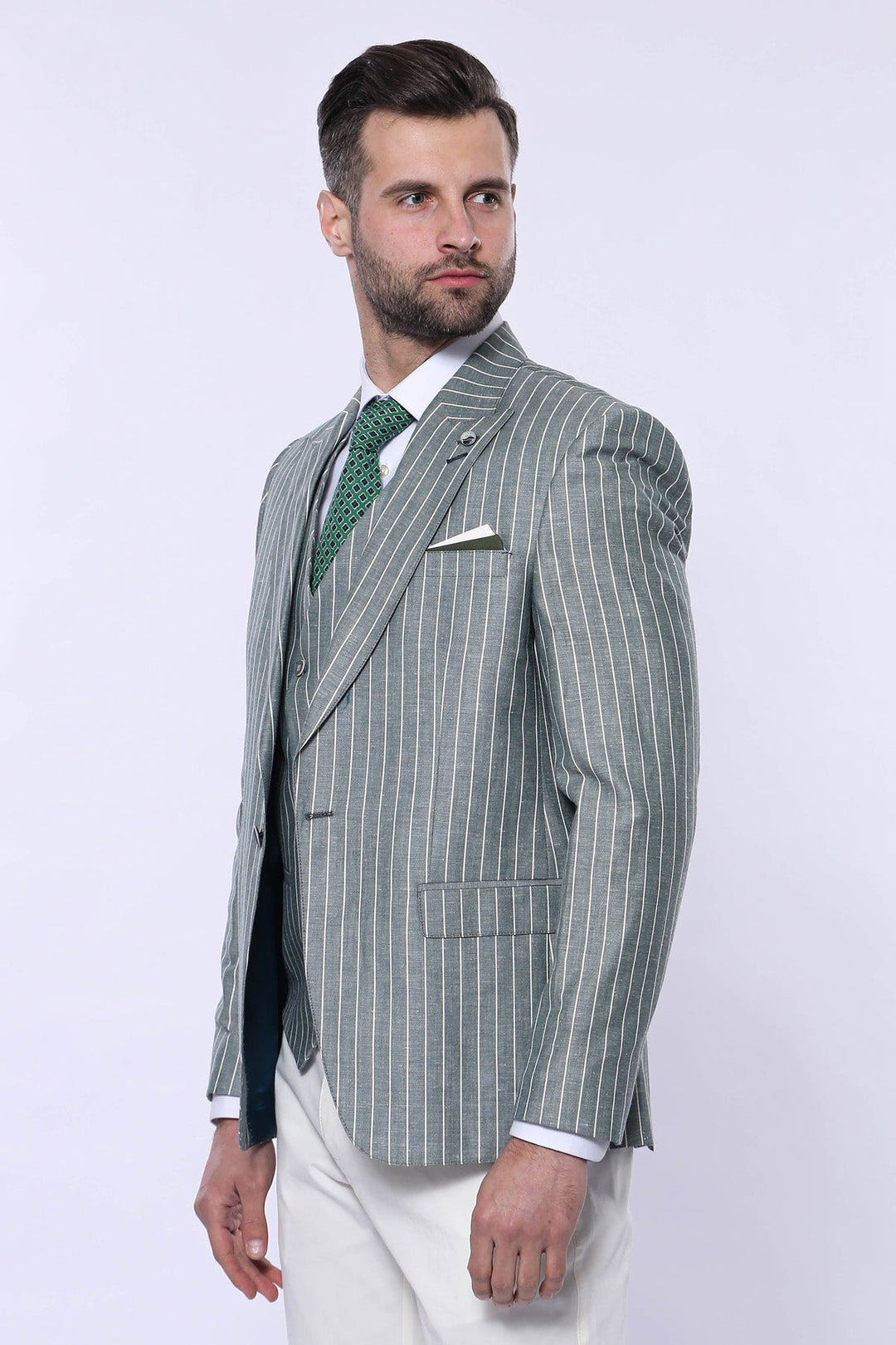 WSS Striped Green Men Suit  - Carini