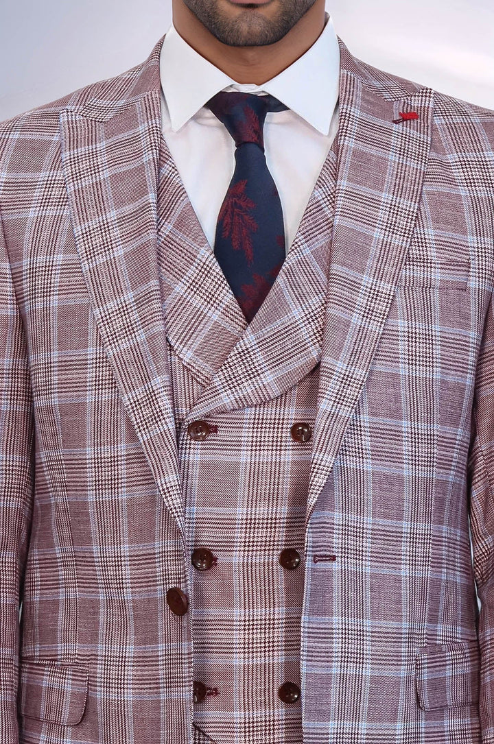 WSS Burgundy Plaid Vested Slim Fit Italian Suit  - Le Cannet